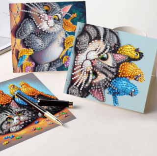 Diamond Painting 6 Stück Katze spielt mit den Vögeln